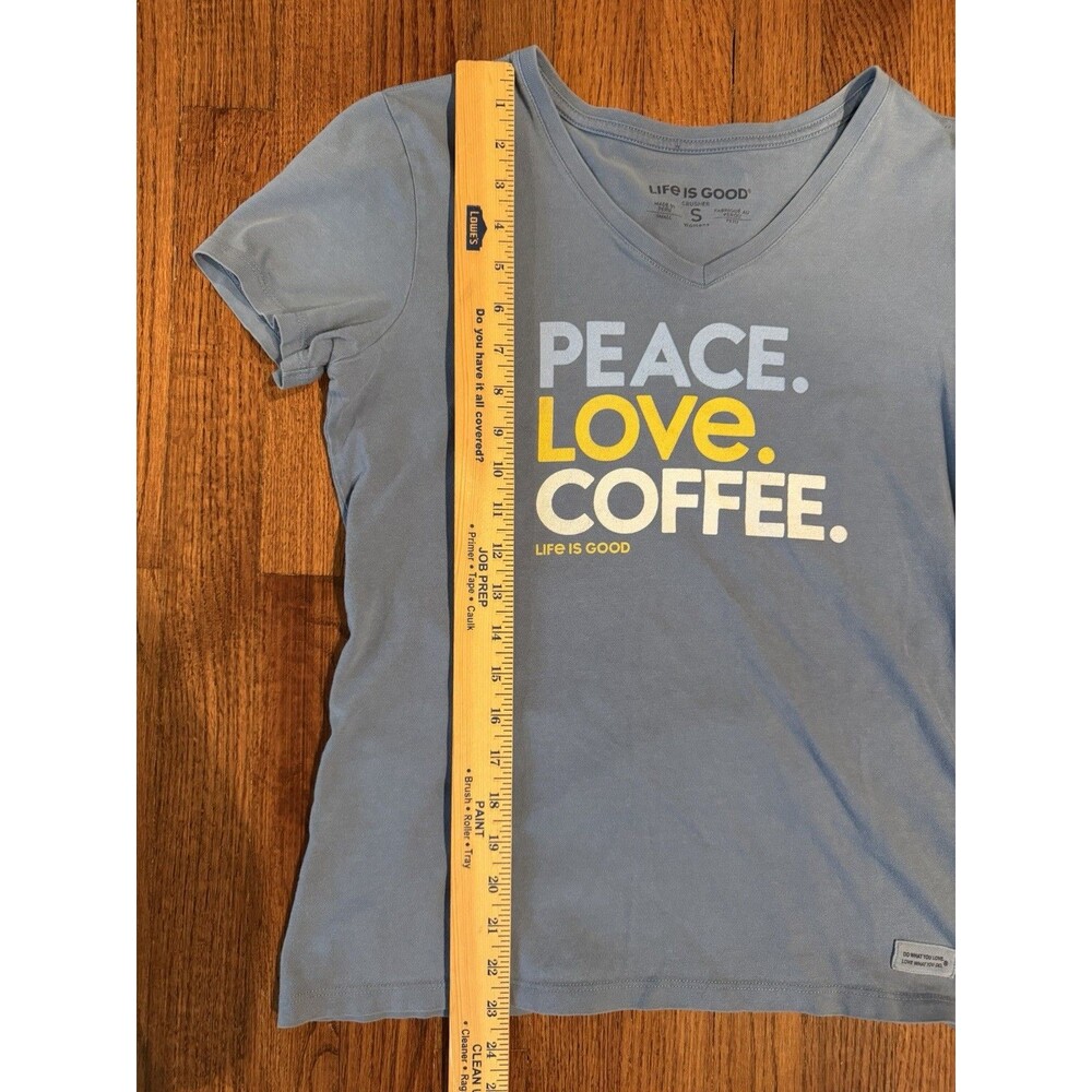 Life is Good Womens S Peace Love Coffee Crusher V Neck‎ T Shirt Blue - Picture 2 of 7